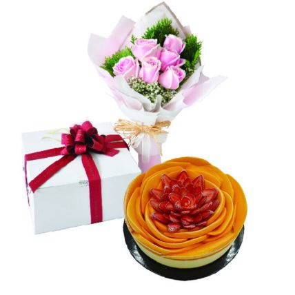 Berry Peachy Mango Cheesecake With Roses Bouquet: Combos Gifts Malaysia