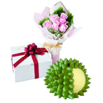 Durian KingNo Bake Cheesecake With Roses Bouquet: Gift Combos 