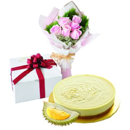 Golden Durian NoBake Cheesecake And Roses Bouquet: Valentines Day Cake Delivery