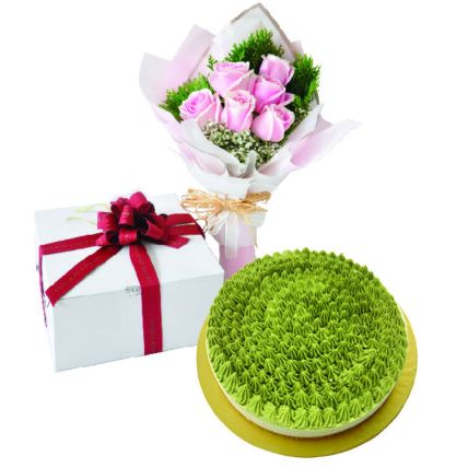 Matcha Green Tea NoBake Cheesecake And Roses Bouquet:  Cake Delivery