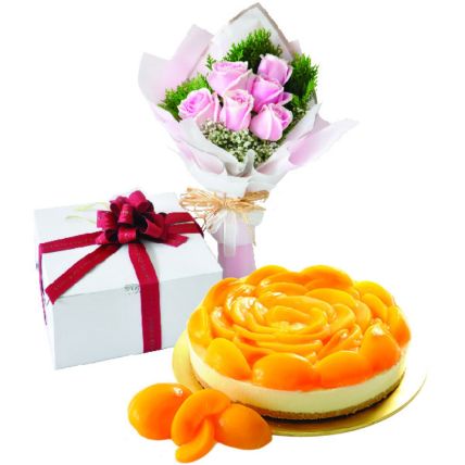 Peachy Rich Cheesecake And Roses Bouquet: Order Cakes