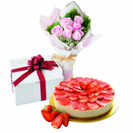 Strawberry NoBake Cheesecake And Roses Bouquet: Valentines Day Cake Delivery