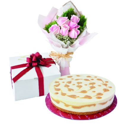 Sweet And Salted Caramel Cheesecake And Roses Bouquet: Flowers And Cake Delivey