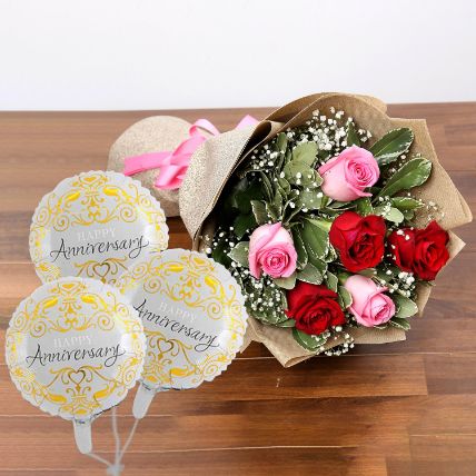 Sweet Roses Bunch With Anniversary Balloon: Flowers for Girlfriend