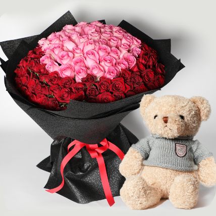 Teddy And 150 Roses Bouquet: Flowers With Plush Toys