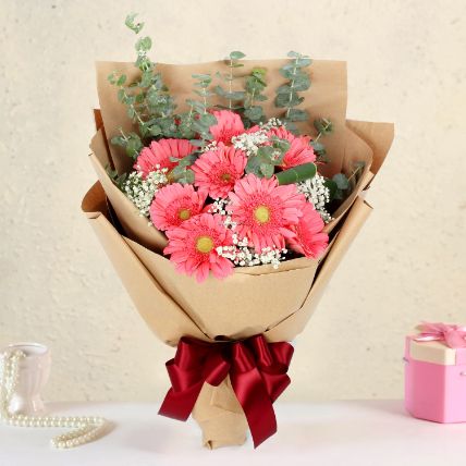 Gracious Pink Gerberas Beautifully Tied Bouquet: Last Minute Gift Delivery