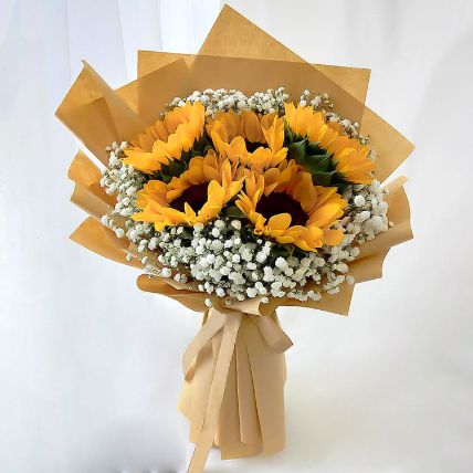 Ravishing Sunflowers Beautifully Tied Bouquet: Women's Day Flower Bouquet Delivery