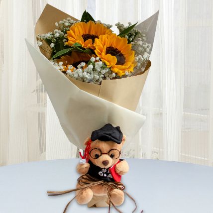 Sunflower Bouquet With Cute Teddy: Flowers With Plush Toys