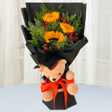 Vibrant Flower Bouquet With Graduation Teddy: Get Well Soon Flowers