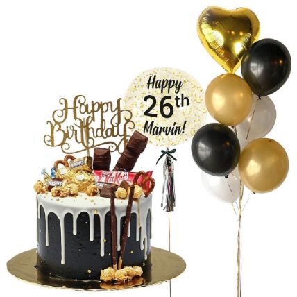 Midnight Black Designer Cake And Balloon Bouquet: Birthday Presents 