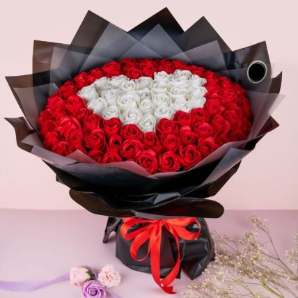 Ravishing White And Red Scented Soap Roses Bouquet: Anniversary Gifts 