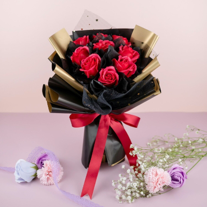 Alluring Red Soap Roses Bouquet: Anniversary Flowers 