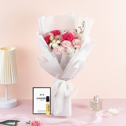 Carnations And Roses Bouquet With Chanel Perfume: Birthday Bouquets