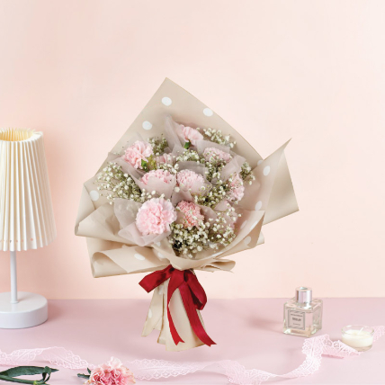 Delightful Pink Carnations Beautifully Tied Bouquet: Fresh Flower Bouquet