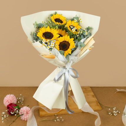 Graceful Sunflower Beautifully Wrapped Bouquet: Flower Bouquet Delivery