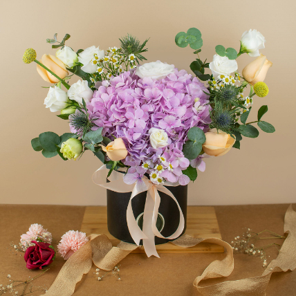 Mixed Roses And Hydrangea Black Round Box: House Warming Gifts