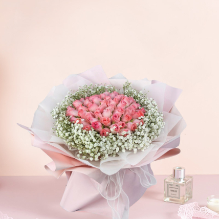 Ravishing Pink Flowers Beautifully Tied Bouquet: Flower Delivery Malaysia