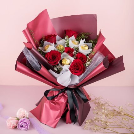Red Roses Bouquet And Ferrero Rocher: Valentines Day Gifts