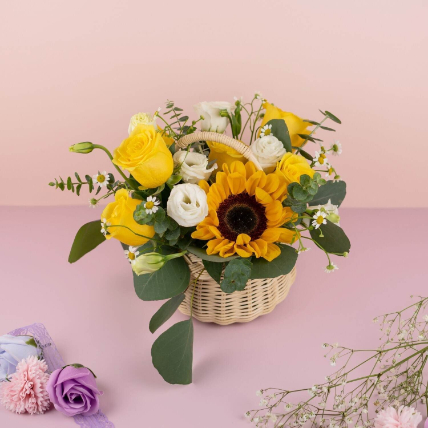 Vibrant Mixed Flowers Basket: Sunflowers 