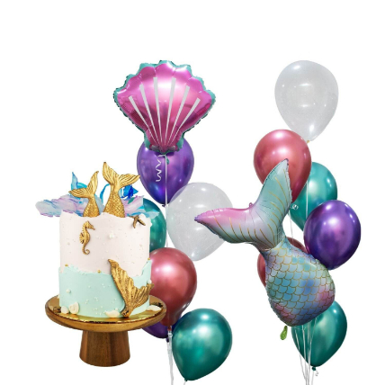 Blue Mermaid Coral Cake And Double Fairytale Balloon Bunch: Birthday Presents 