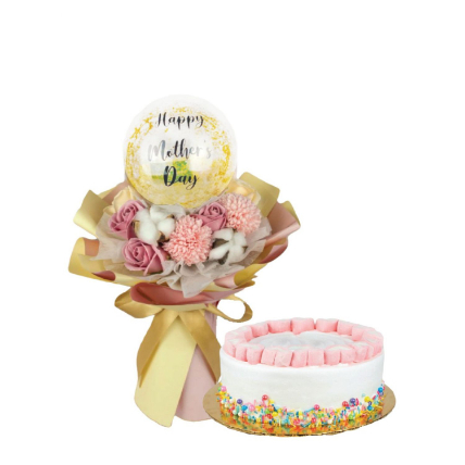 Rainbow Cake With Balloon And Flowers Bouquet: Flowers With Cake