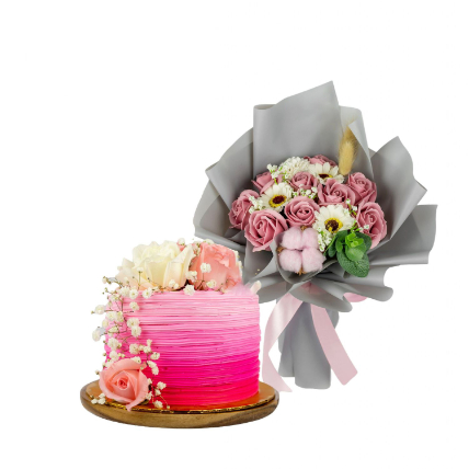Roses Designer Cake And Mixed Flowers Bouquet: Gift Combos 
