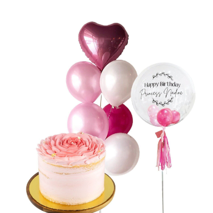 Strawberry Victoria Cake With Bubble Balloon Bouquet: Flowers And Cake Delivey