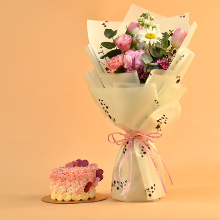 Beautiful Mixed Flowers Bouquet & Floral Heart Choco Cake: Flowers With Cake