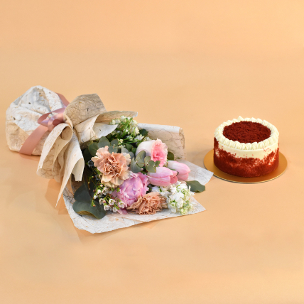 Beautiful Mixed Flowers Bouquet & Red Velvet Cake: Flowers And Cake Delivey