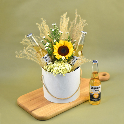 Bright Mixed Flowers & Beer White Box: Flower Arrangement