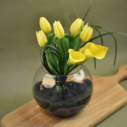 Bright Tulips & Lilies Fish Bowl Vase: Flower Arrangement