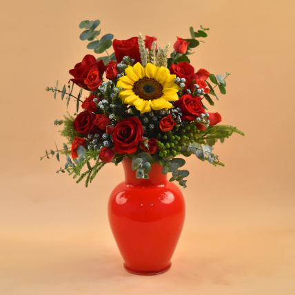 Charismatic Mixed Flowers Red Vase: Flower Arrangement
