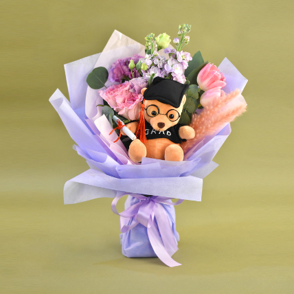 Cute Graduation Teddy & Fresh Flowers Bouquet: Flowers With Plush Toys