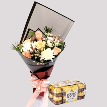 Delicate Rose Bouquet and Ferrero Rocher Box: Chocolates With Flowers