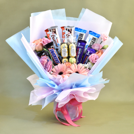 Delightful Mixed Flowers & Chocolates Bouquet: Chocolates With Flowers