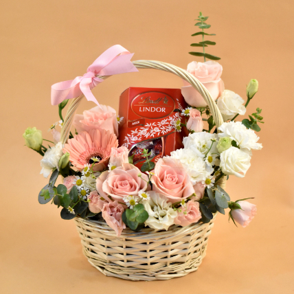 Elegant Flowers & Lindt Chocolate Willow Basket: Chocolates With Flowers