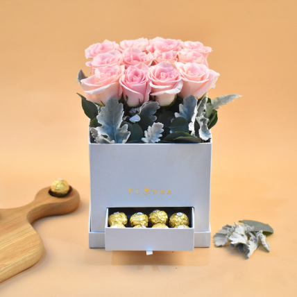 Graceful Roses & Ferrero Rocher Drawer Box: Flowers And Chocolates