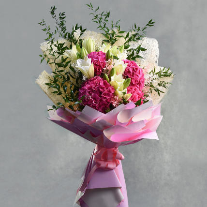 Hydrengea And Lillies Long Bouquet: Same Day Delivery Gifts
