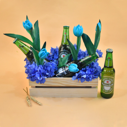 Mixed Flowers & Beer Wooden Crate: Gift Combos 