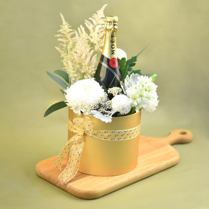 Mixed Flowers & Champagne Golden Box: Flower Arrangement