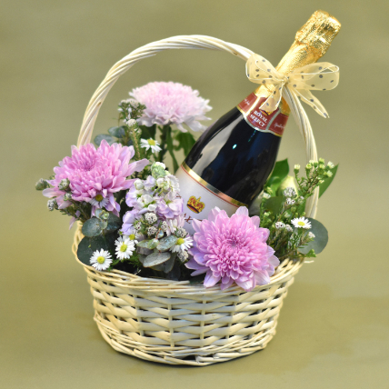 Mixed Flowers & Sparkling Juice Basket: Anniversary Gifts 