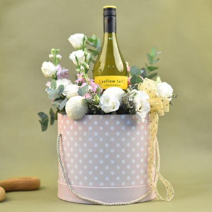 Mixed Flowers & White Wine Pink Box: Flower Arrangement