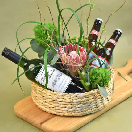 Mixed Flowers & Wine Basket: 