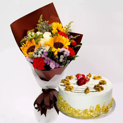 Mocha Cake and Beautiful Floral Bouquet: Sunflower Bouquets