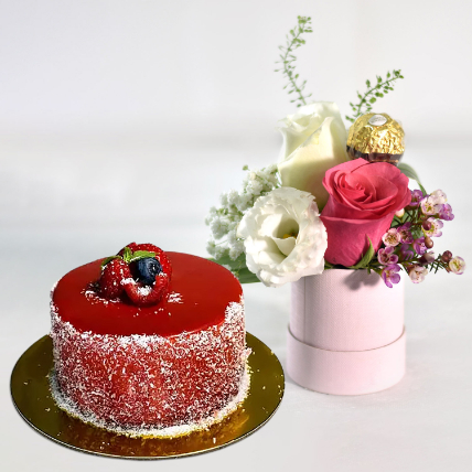 Pink Roses With Rocher With Mini Mousse Cake: Flowers for Mother