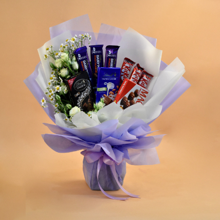 Serene Mixed Flowers & Chocolates Bouquet: Chocolates With Flowers
