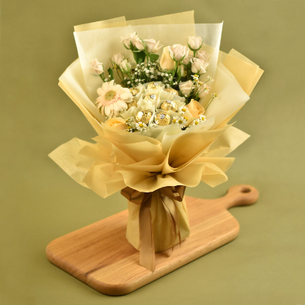 Serene Mixed Flowers & Ferrero Rocher Bouquet: Flowers And Chocolates