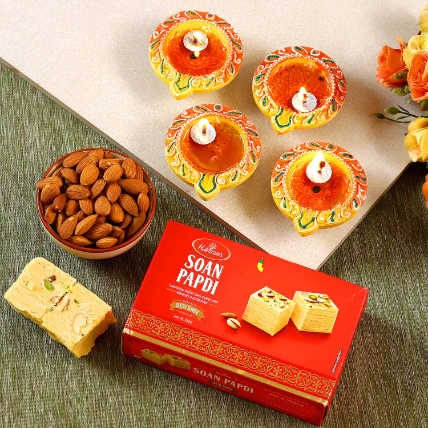 Designer Diwali Diyas With Almonds And Soan Papdi: Combos Gifts Malaysia