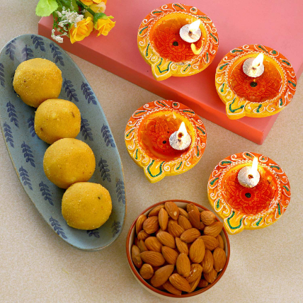 Designer Diyas With Almonds And Besan Ladoo: Diwali Gift Ideas