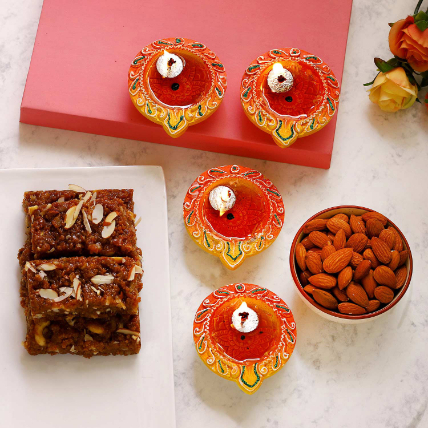 Designer Diyas With Almonds And Dhodha Burfi: Gift Combos 